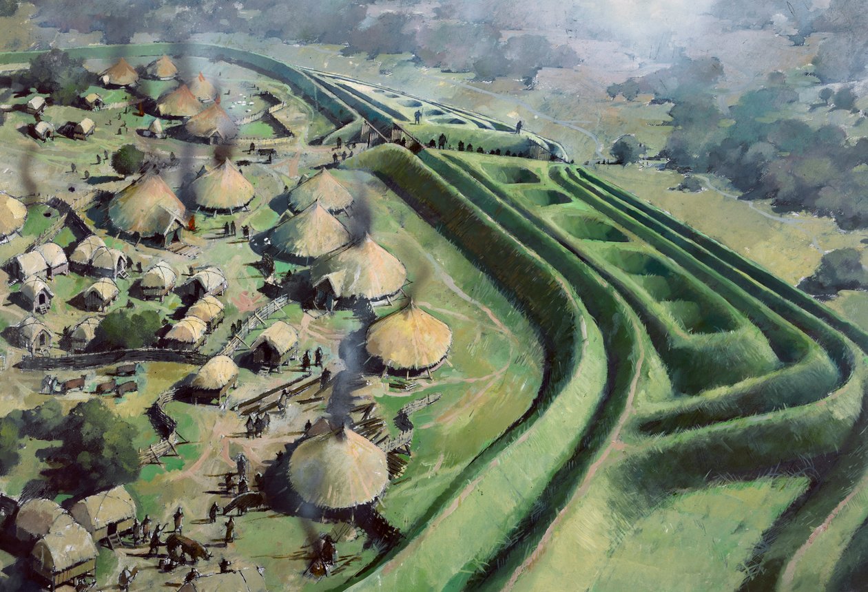 Luftfoto af indgangen til Old Oswestry Hill Fort under jernalderen, c1970-2010 af Ivan Lapper