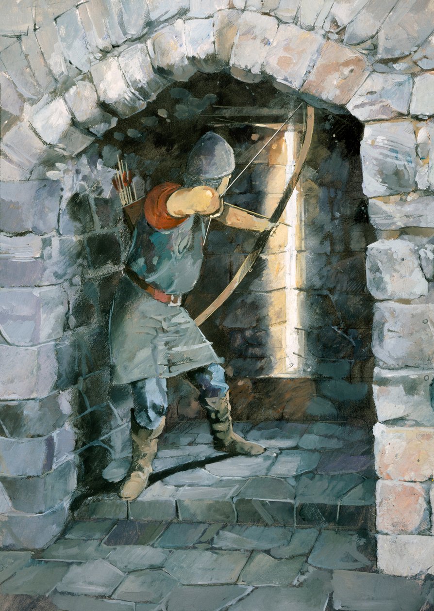 Middelalderbueskytte skyder gennem en pilspalte ved Beeston Castle, Cheshire af Ivan Lapper