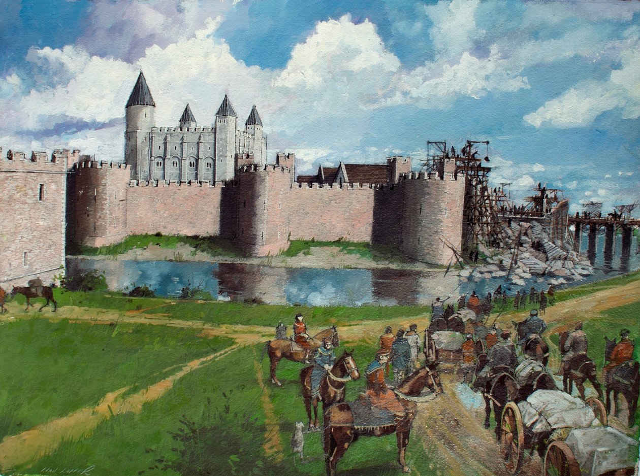Rekonstrueret billede af Tower of London fra nordvest, der viser kong Henrik III