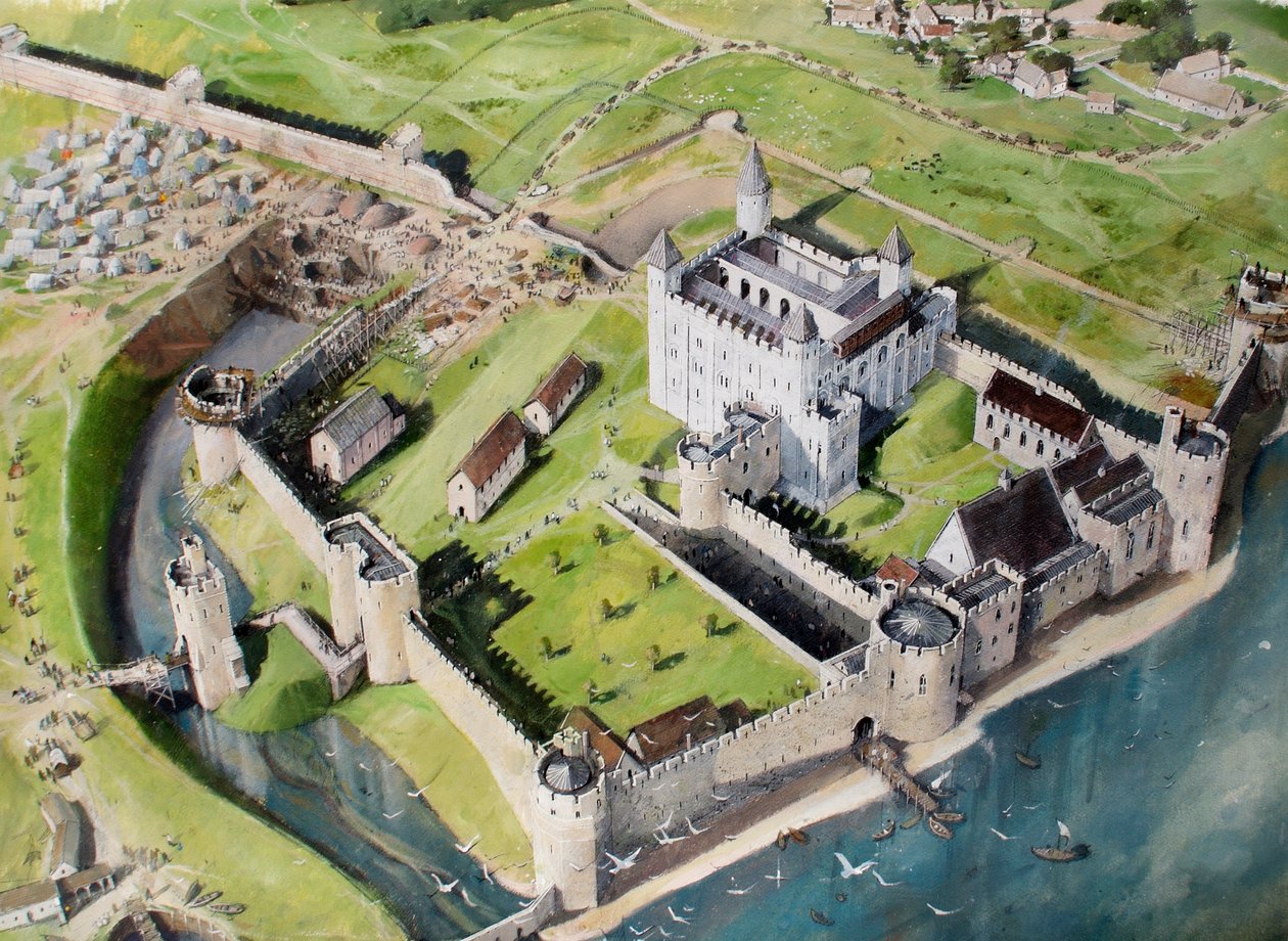 Rekonstrueret billede af Tower of London fra sydvest omkring 1240 af Ivan Lapper