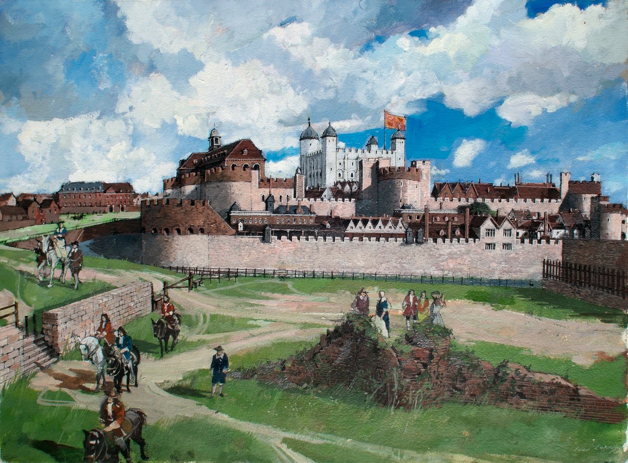 Rekonstrueret billede af Tower of London fra vest omkring år 1700 af Ivan Lapper