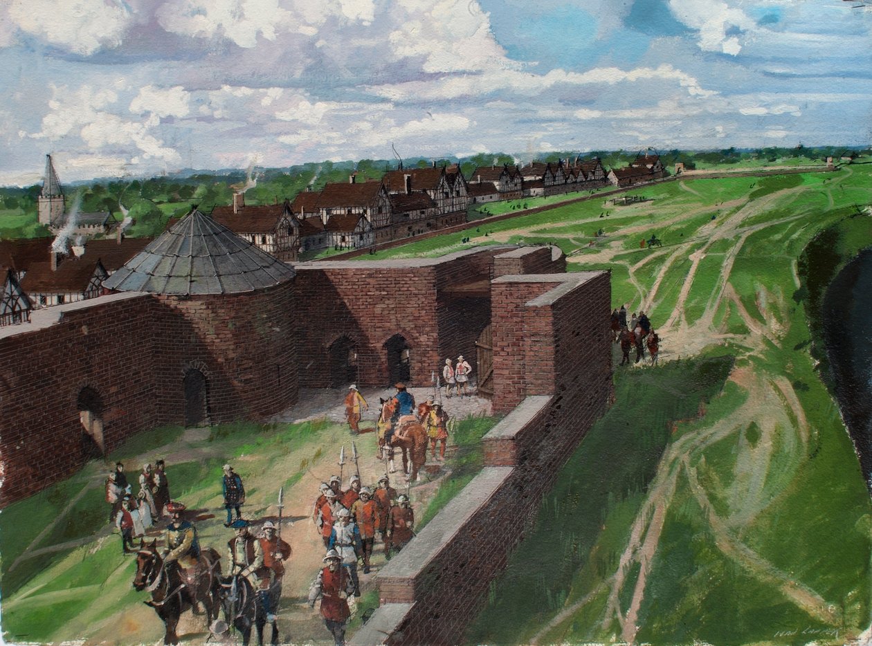 Rekonstrueret billede af Tower of London, der viser indgangen til Byward Tower og Lion Tower i 1540
