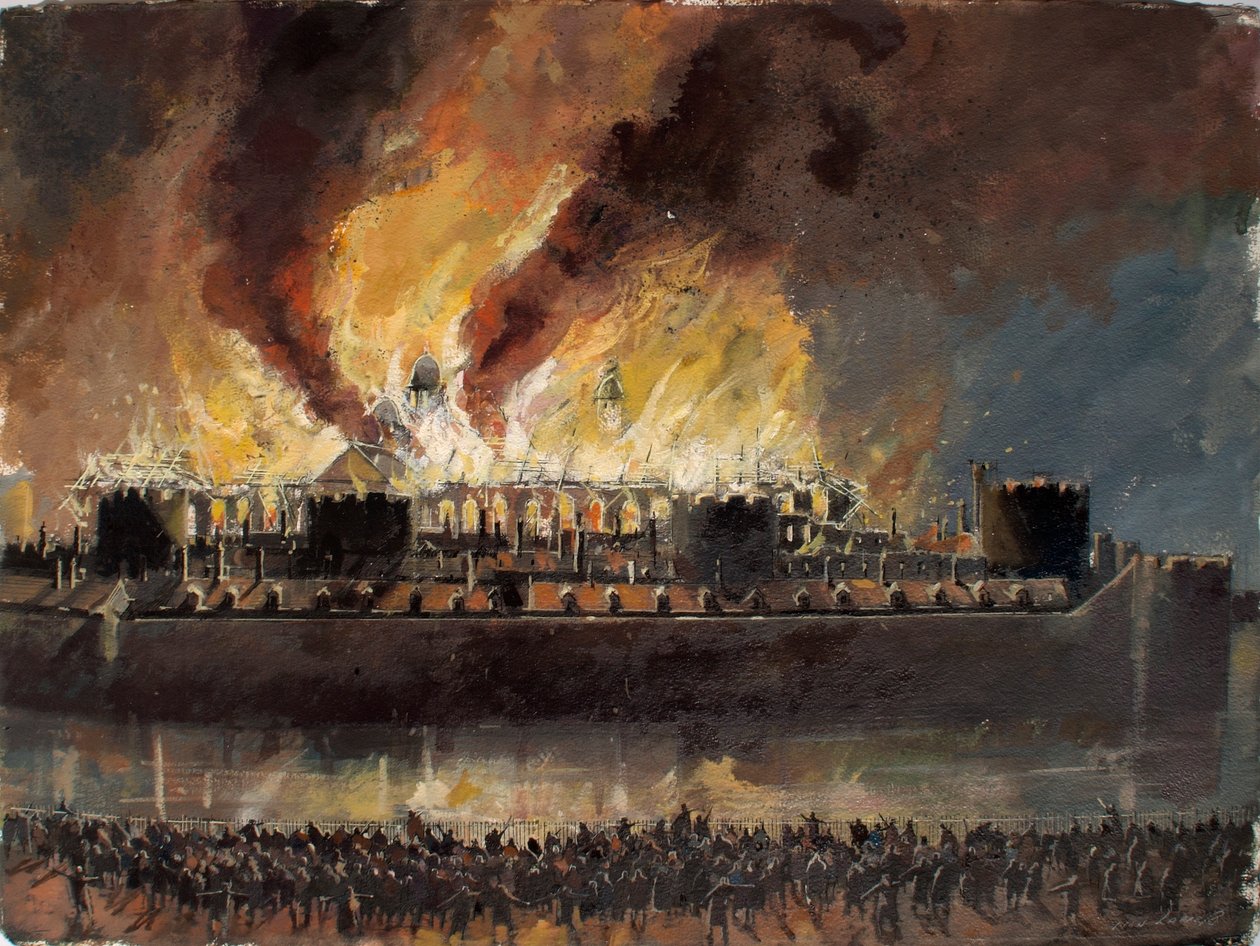 Rekonstrueret billede af Tower of London med Grand Storehouse i brand i 1841 af Ivan Lapper