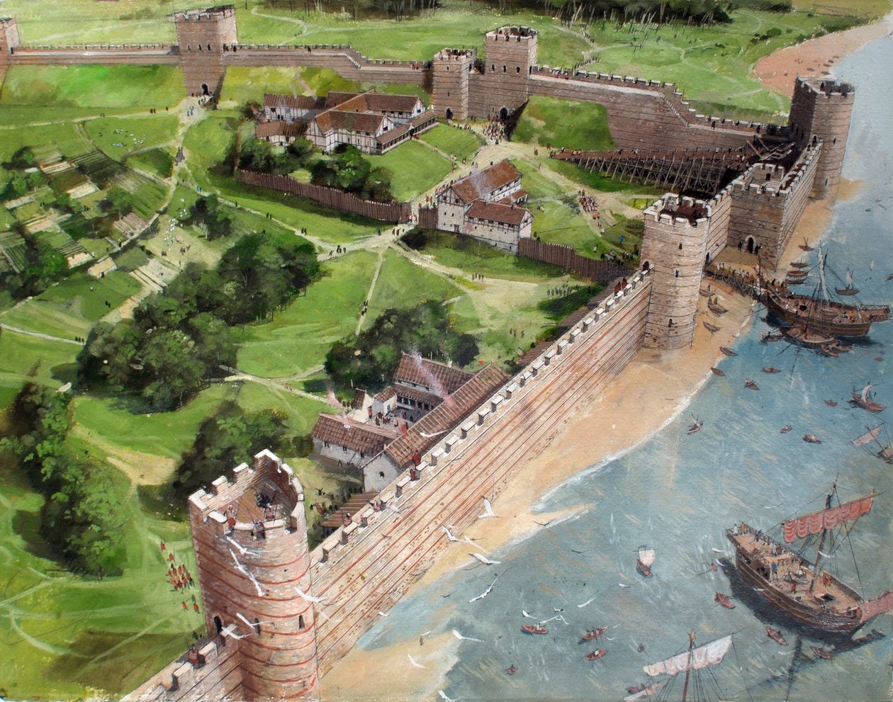 Rekonstrueret billede af det sydøstlige hjørne af det romerske London og det fremtidige sted for Tower of London, som det kan have set ud omkring år 400 e.Kr. af Ivan Lapper