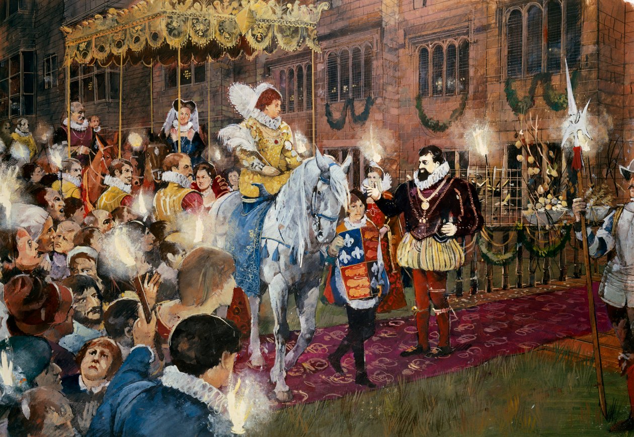 Robert Dudley byder dronning Elizabeth I velkommen til Kenilworth Castle, Warwickshire, juli 1575 c2000s af Ivan Lapper