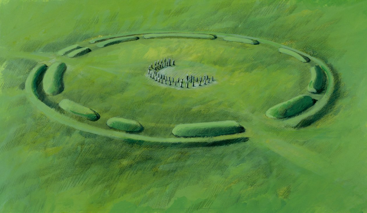 Stonehenge: tredje fase begynder med opstillingen af blåstenene i en dobbelt halvmåne af Ivan Lapper