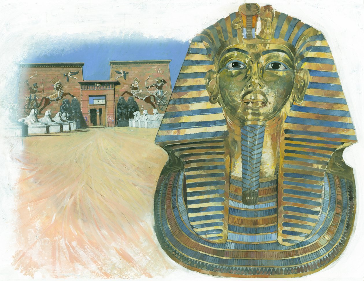 Den gyldne maske på mumien af den egyptiske farao Tutankhamon med et gammelt egyptisk tempelkompleks i baggrunden. af Ivan Lapper