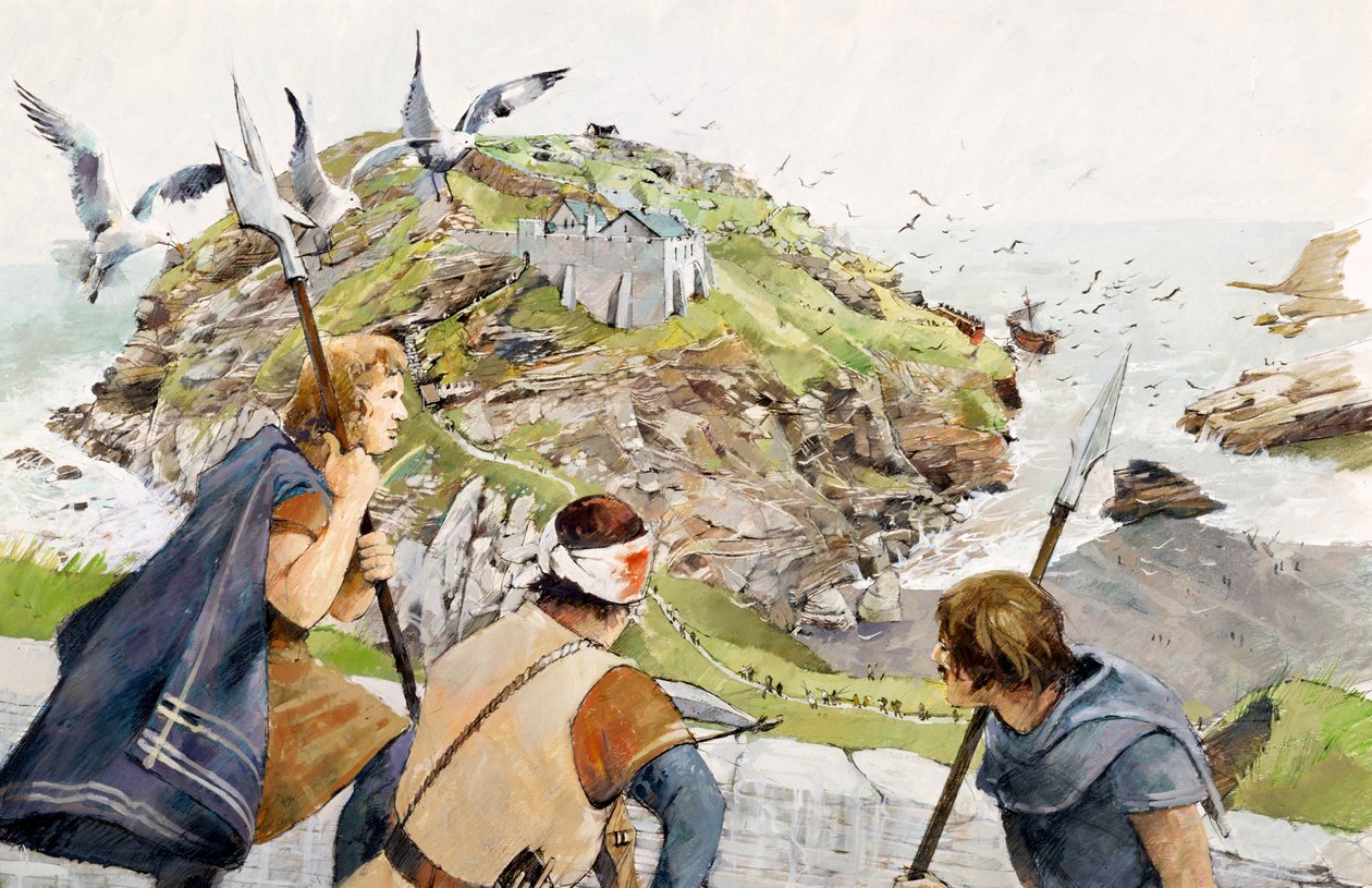 Tintagel Castle i 1230 e.Kr. (akvarel på papir) af Ivan Lapper