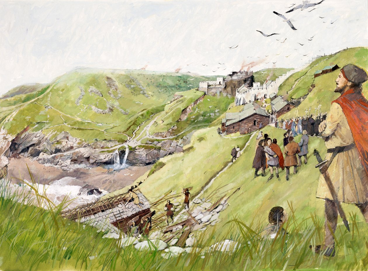 Tintagel Castle i middelalderen (akvarel på papir) af Ivan Lapper