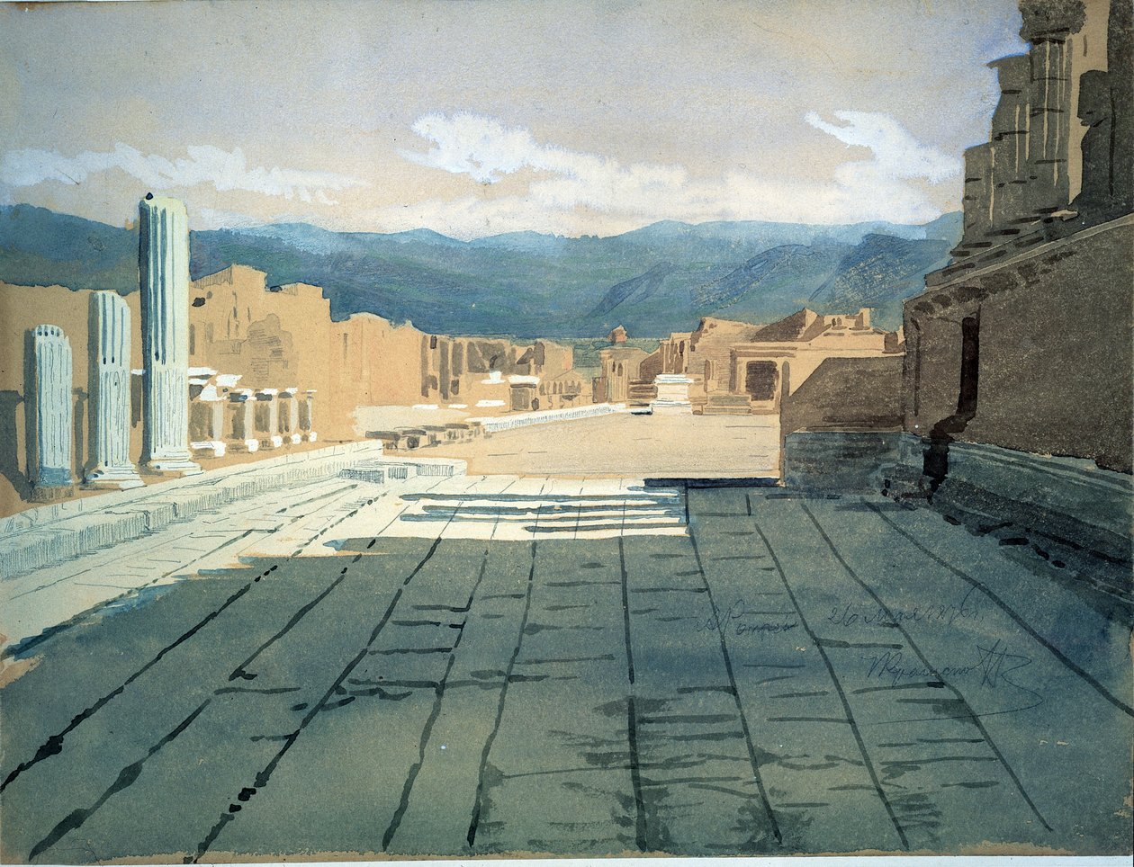 Pompeji (Italien) (Pompeji). Udsigt over forummet af romerske ruiner i Napoli-bugten foran Vesuv. Værk af Ivan Nikolayevich Kramskoi (1837-1887), akvarel på papir af Ivan Nikolaevich Kramskoy