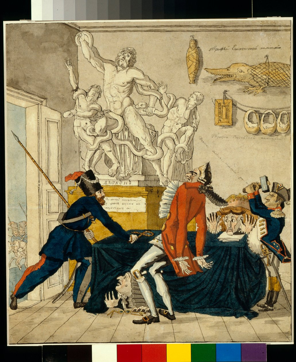 Napoleon Bonaparte (1769-1821) sælger stjålne varer, blandt dem Laocoön-gruppen - Karikatur af Ivan Ivanovich Terebenev (1780-1815), blæk og akvarel på papir af Ivan Nikolayevich Terebenev