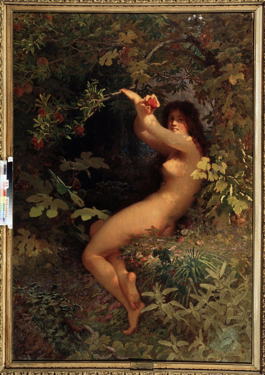 Eva med et granatæble (Eve med granatæble). Den nøgne og forførende Eva i Edens Have plukker frugten af ​​viden. Maleri af Ivan Petrovich Keler Viliandi (1826-1899), olie på lærred af Ivan Petrovich Keler Viliandi