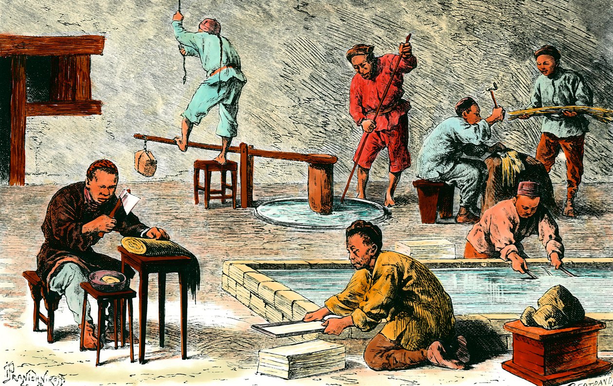 Papirfremstilling i Kina: forskellige stadier af produktion af papirark fra barken. Tegning af Ivan Pranishnikoff (1841-1909). 1800-tallets privatsamling af Ivan Pranishnikoff