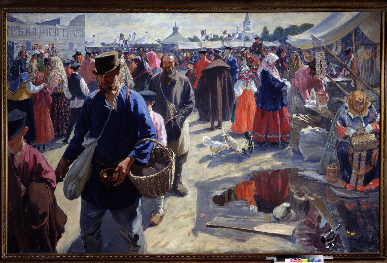 Messen (En messe). Markedsscene i en russisk provinsby, i en traditionel atmosfære, med bønder og sælgere. Maleri af Ivan Semyonovich Kulikov (Koulikov) (1875-1941), olie på lærred af Ivan Semyonovich Kulikov
