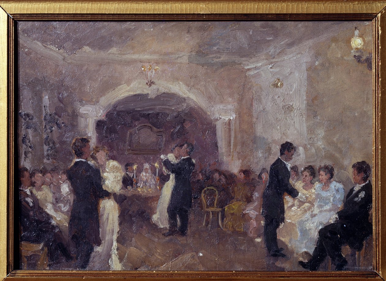 Købmandsbolden. Par danser, unge piger klædt i hvidt sidder og venter på en invitation til at danse. Maleri af Ivan Semyonovich Kulikov (Koulikov) (1875-1941), olie på lærred af Ivan Semyonovich Kulikov