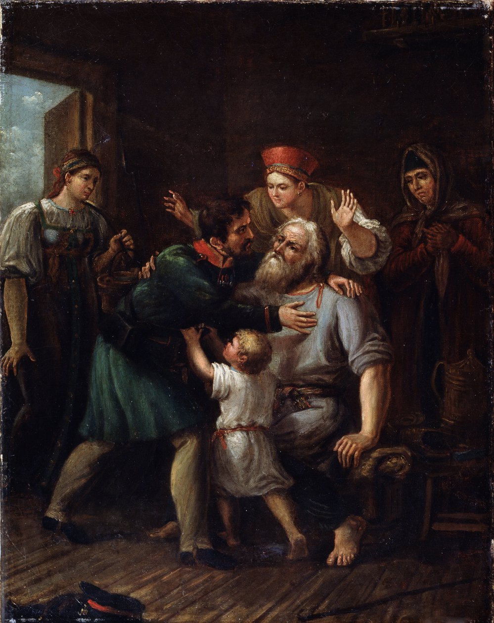 The Return of the Warrior (Homecoming Warrior). En soldat vender hjem og kaster sig i armene på sin gamle far. Hele familien udtrykker deres glæde og lettelse over at se ham i live. Maleri af Ivan Vasilyevich Luchaninov (1781-1824), olie på t. af Ivan Vasilyevich Luchaninov