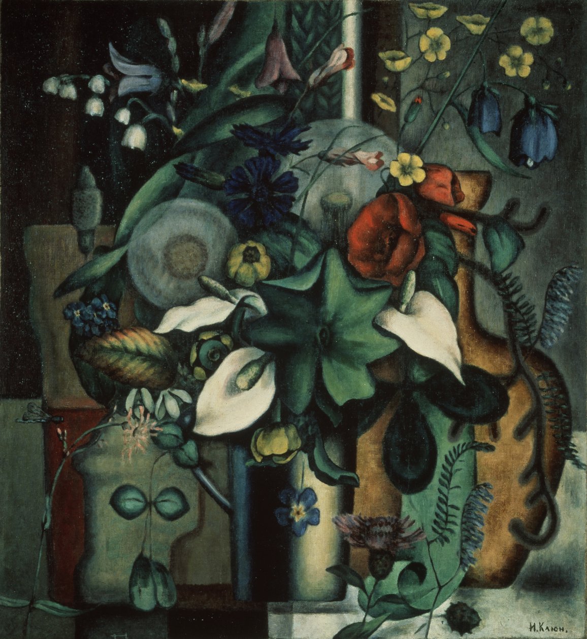 Stilleben med blomster og kande, 1929 af Ivan Vassilyevich Klyun