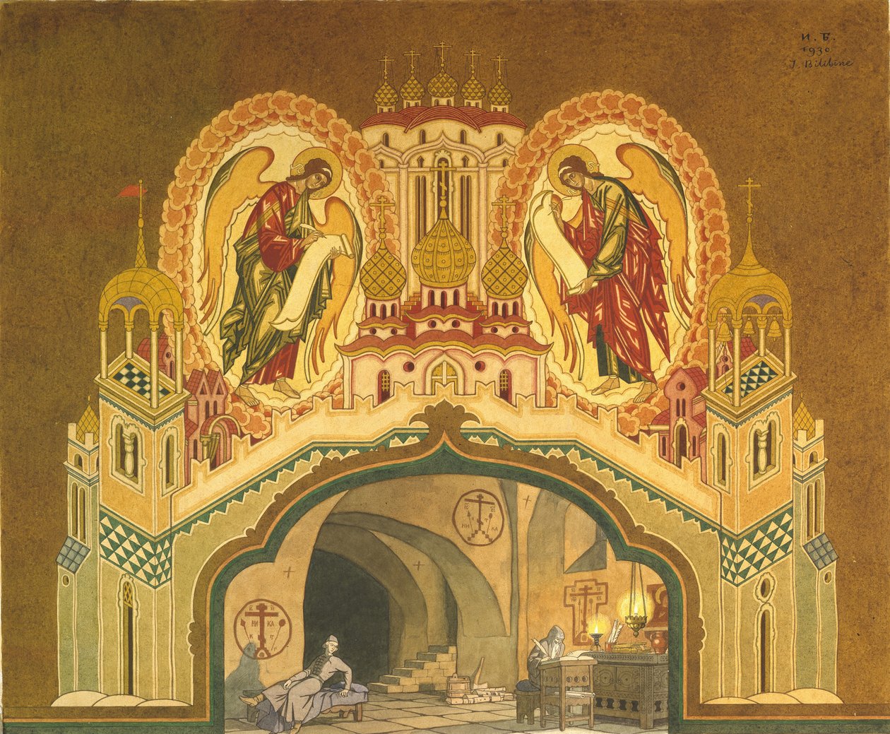 Chudov kloster. Scenedesign til operaen Boris Godunov af M. Musorgsky, 1930 af Ivan Yakovlevich Bilibin