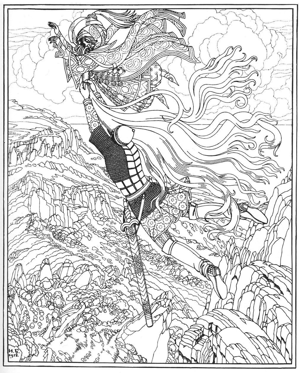 Flight of Chernomor og Ruslan. Illustration til digtet Ruslan og Lyudmila af A. Pushkin, 1918 af Ivan Yakovlevich Bilibin