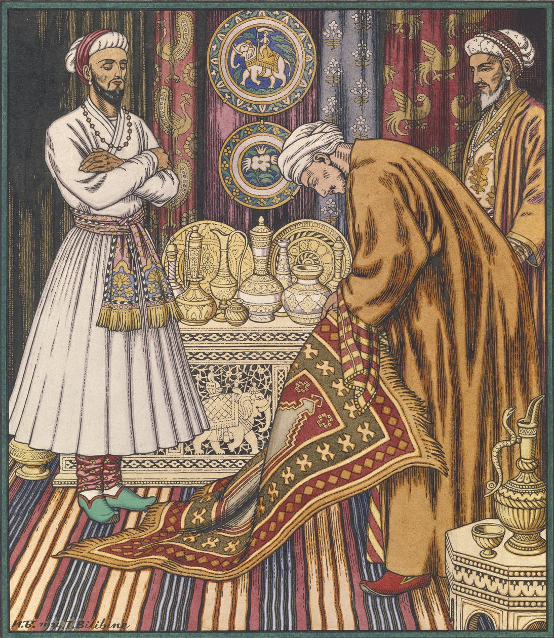Prins Ali køber et tæppe. Illustration til arabiske eventyr af Ivan Yakovlevich Bilibin