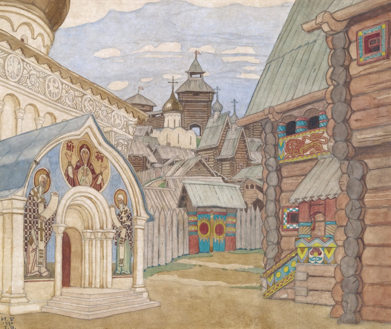 russisk landsby. Scenedesign til operaen The Tale of Tsar Saltan af N. Rimsky-Korsakov af Ivan Yakovlevich Bilibin