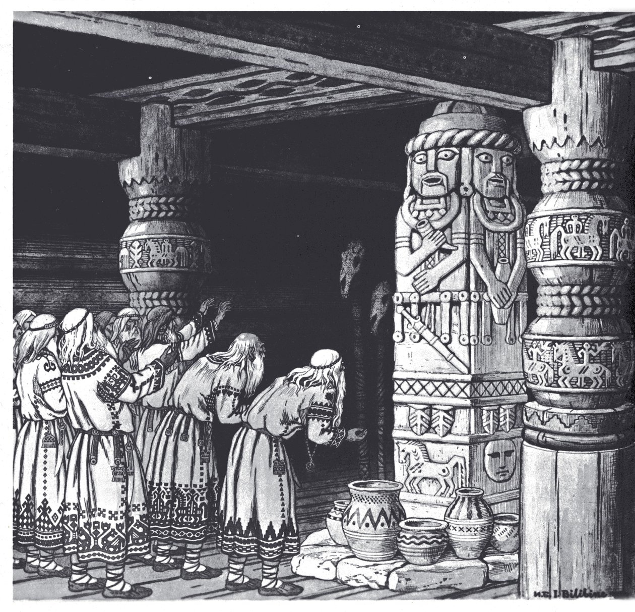 Tilbedelsen af guden Svetovid, 1934 af Ivan Yakovlevich Bilibin