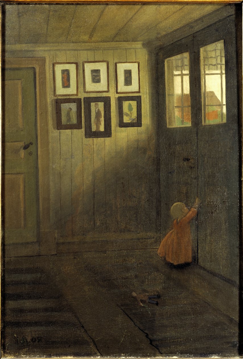 Den lille pige står ved døren. Interiør af kunstnerens hus i Aelvaengen (Sverige) - Pigen ved døren. Interiør af kunstnerens hjem, Aelvaengen, af Arosenius, Ivar (1878-1909). olie på lærred af Ivar Axel Henrick Arosenius