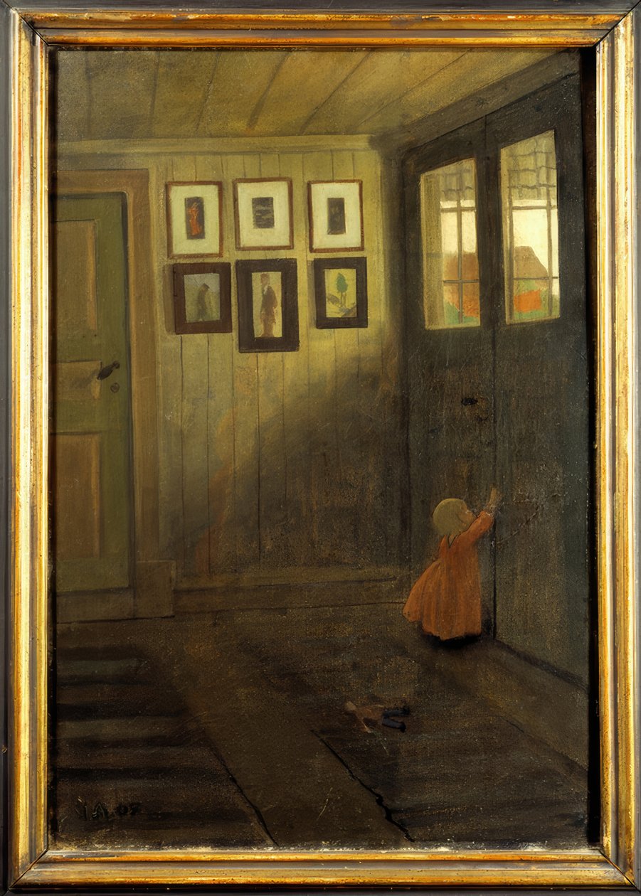 Pigen ved døren. Interiør af kunstnerens hus, Älvängen af Ivar Axel Henrik Arosenius