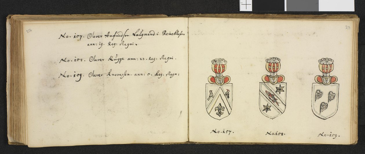 Illustration hentet fra et privat arkiv i Nationalbiblioteket med titlen Insignia quædam virorum illustrium in Norvegia quodam habitantium af Iver Nielssøn Hirtzholm af Iver Hirtzholm