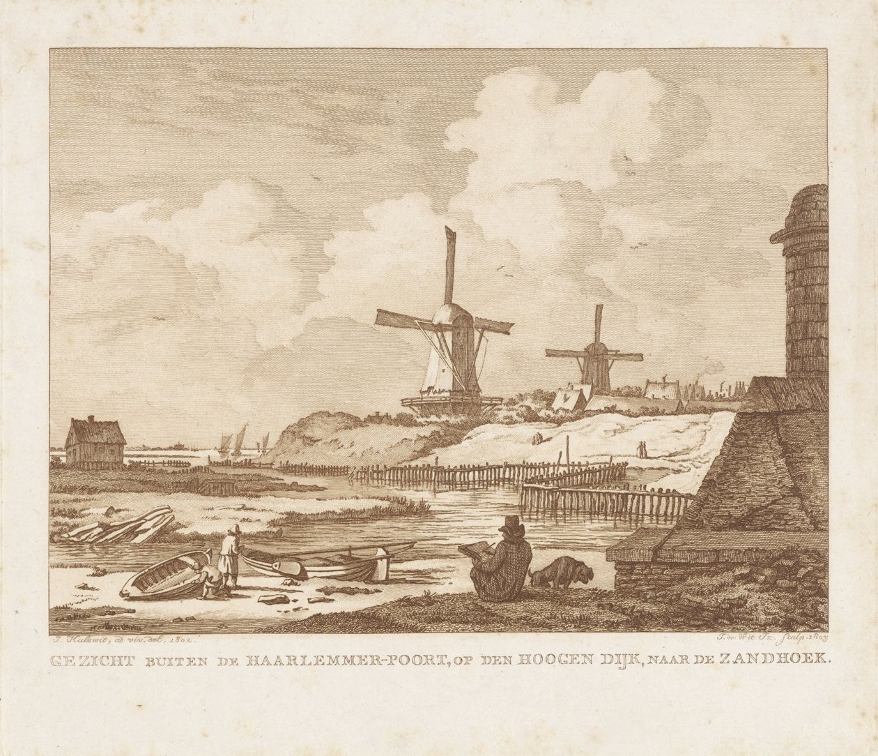 Udsigt uden for Haarlemmerpoort i Amsterdam med en siddende tegner Udsigt uden for Haarlemmer-Poort, på Hoogen Dijk, mod Zandhoek (titel på objekt) af Izaak Jansz. de Wit