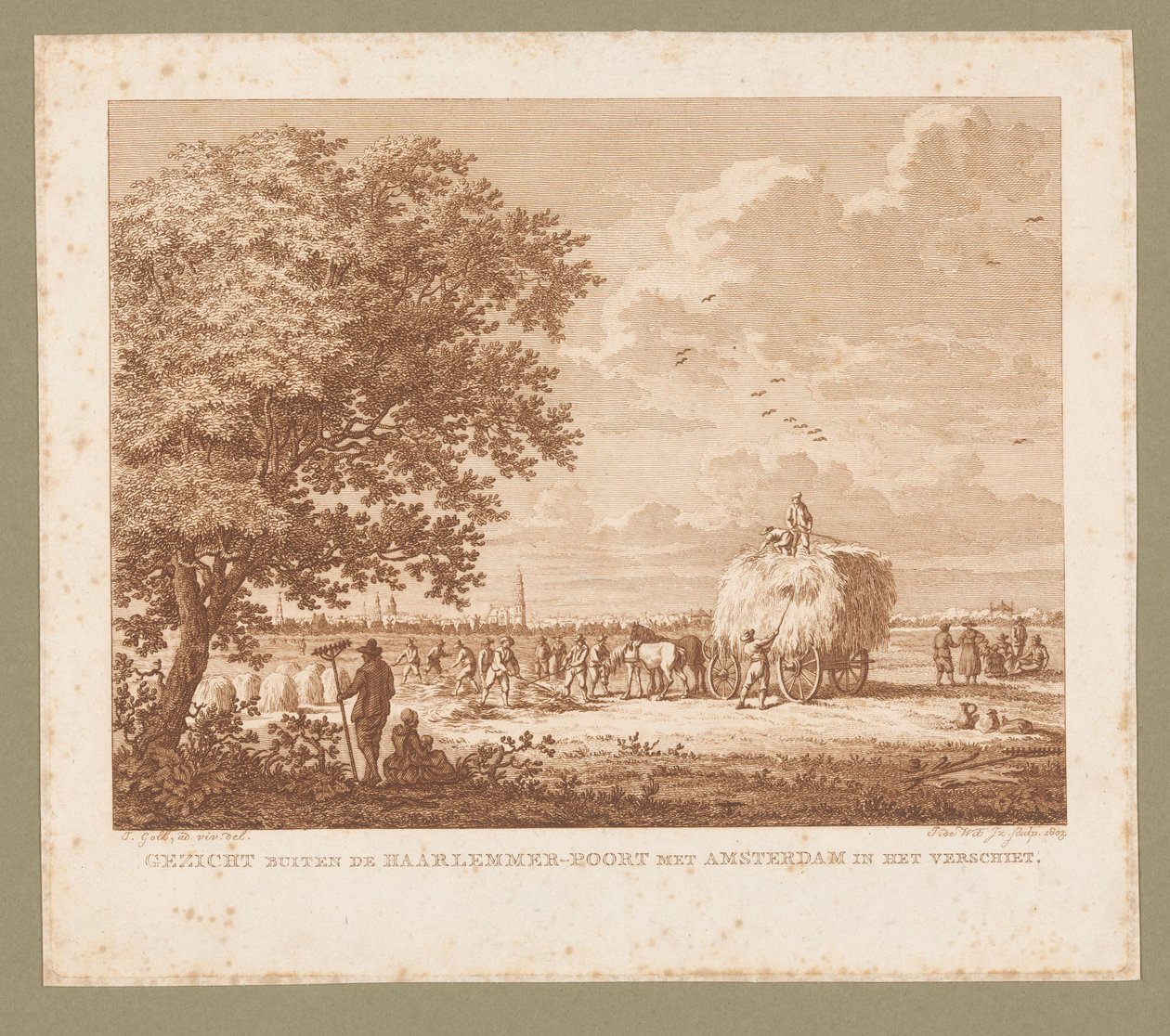 Landskab med bønder, der laver hø med Amsterdam i horisonten Udsigt uden for Haarlemmer-Poort med Amsterdam forestående (titel på objekt) af Izaak Jansz. de Wit