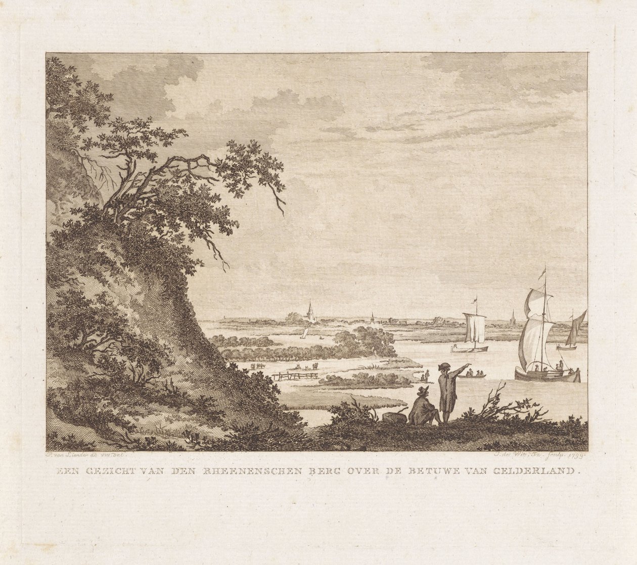 Bredt landskab med to figurer og sejlskibe En udsigt over den Rheenenschen Berg over Betuwe i Gelderland (titel på objekt) af Izaak Jansz. de Wit