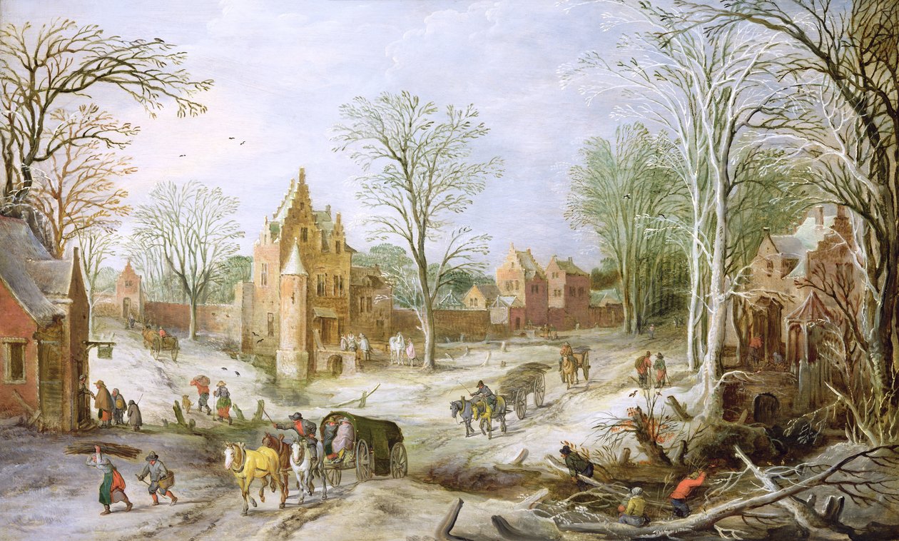 Et skovklædt vinterlandskab med en vogn (panel) af J. and Momper, J. de Brueghel