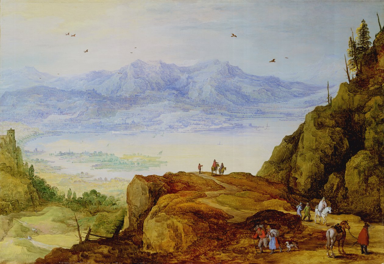 Vidtstrakt bjerglandskab med en sø af J. and Momper, J. de Brueghel