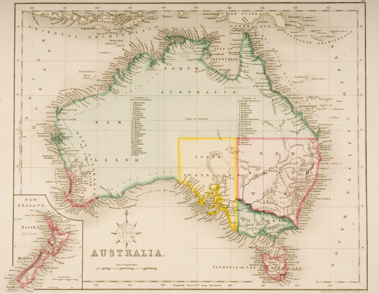 Kort over Australien og New Zealand af J. Archer