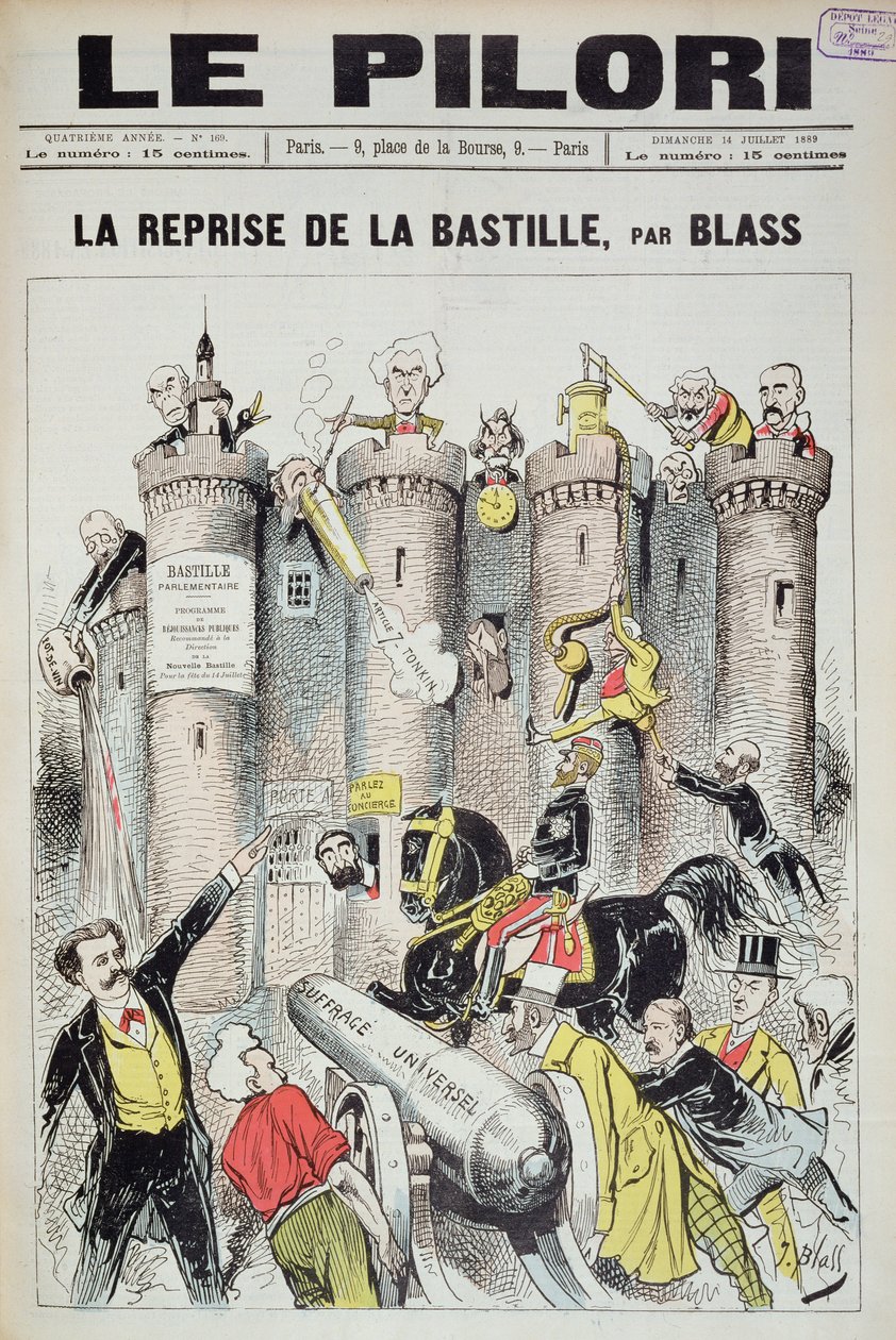Forsiden af "Le Pilori" med general Boulanger (1837-91), der "indtog" Bastillen, karikatur af det franske valg i 1889, 14. juli 1889 af J. Blass