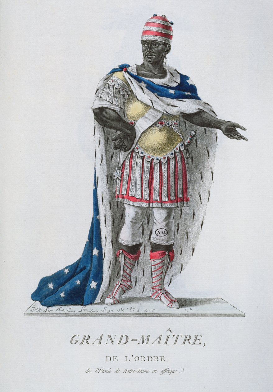 Stormester af Notre-Dame Stjerneordenen i afrikansk ceremonieltøj, fra "Recueil de Tous Les Costumes des Ordres Religieux et Militaires", udgivet i 1785 af J. C. Bar