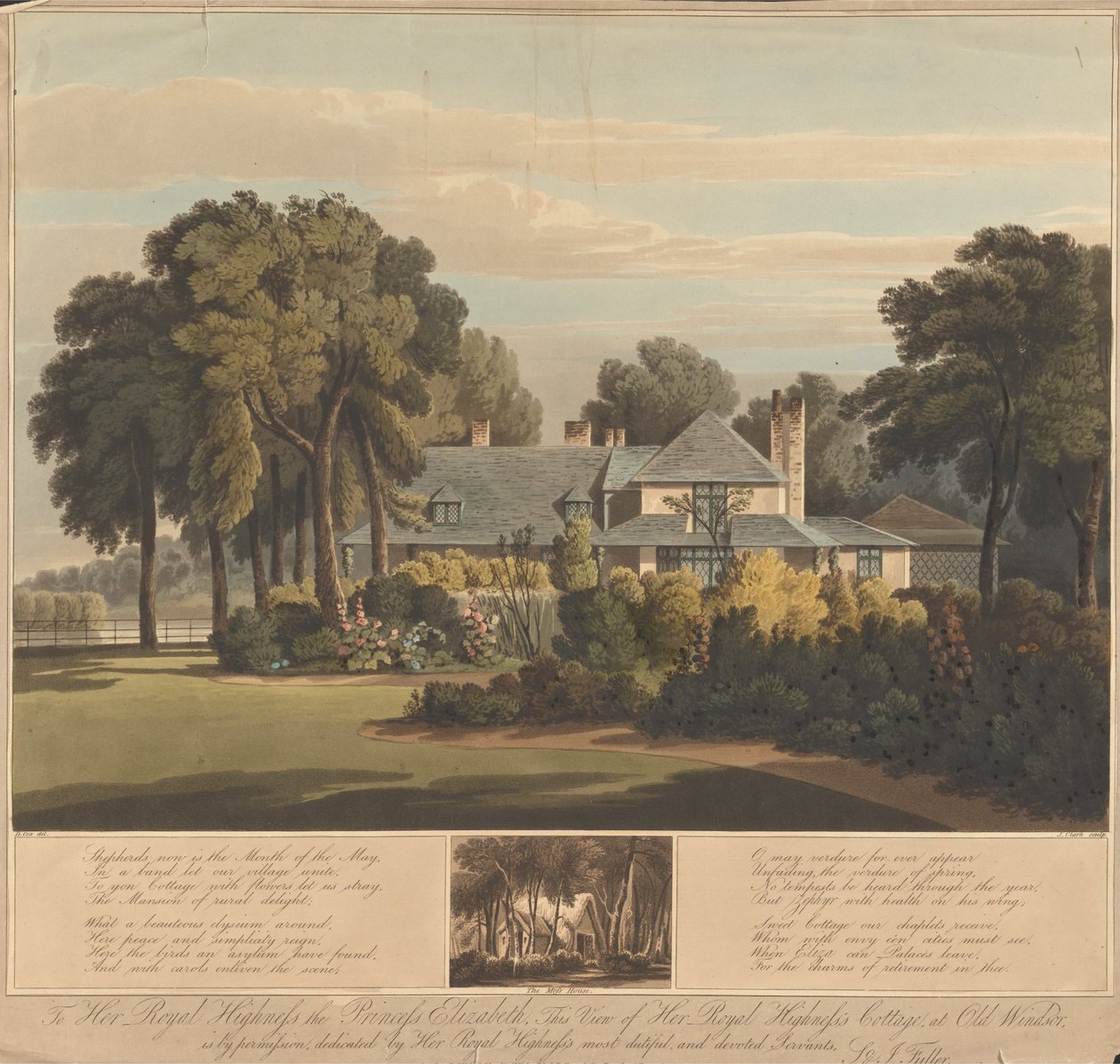 Udsigt over HRH the Princess Elizabeths Cottage på Old Windsor med udsigt til moshuset herunder af J. Clark