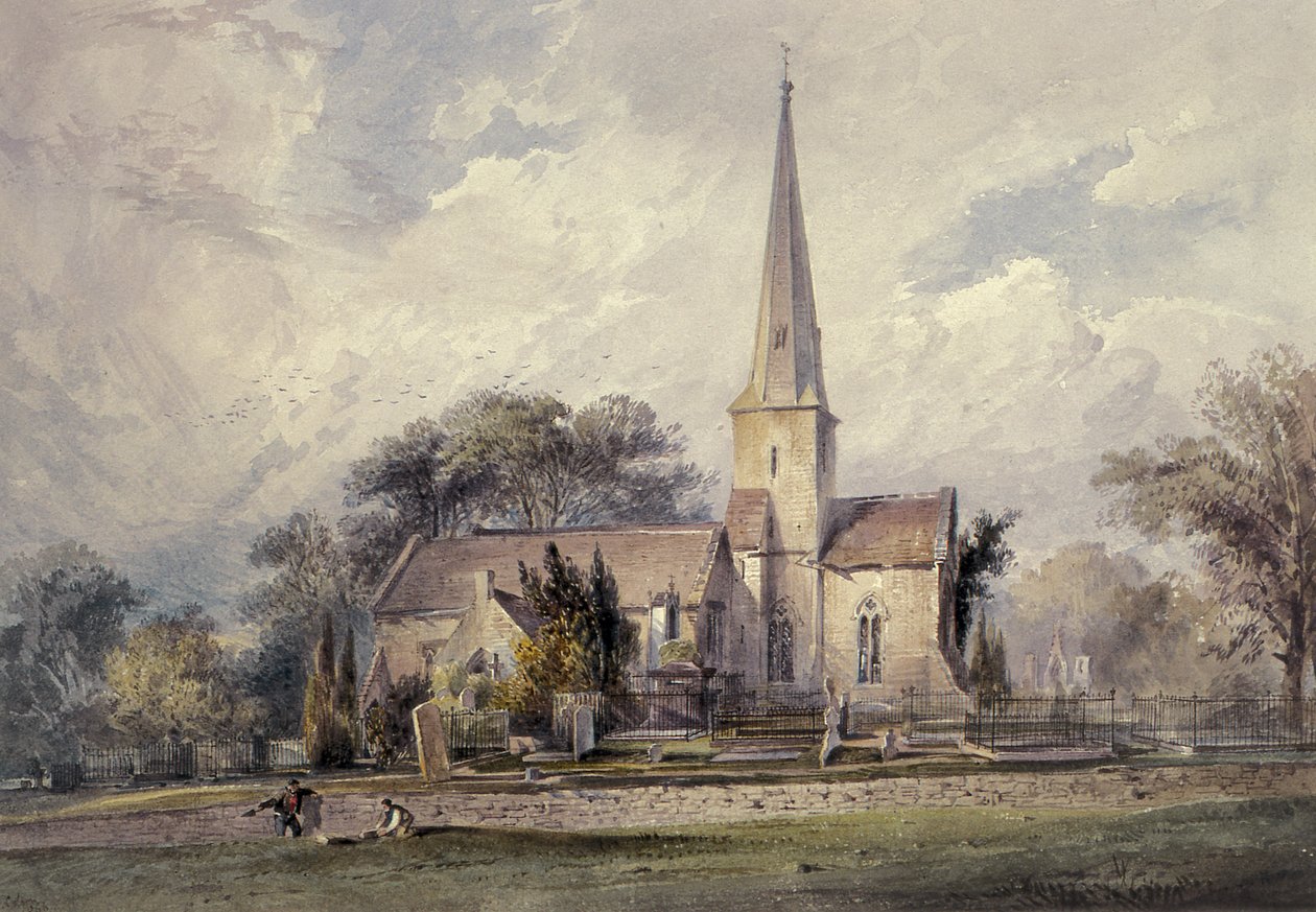 Udsigt fra sydøst af en kirke og en kirkegård, 1800-tallet af J. Colson