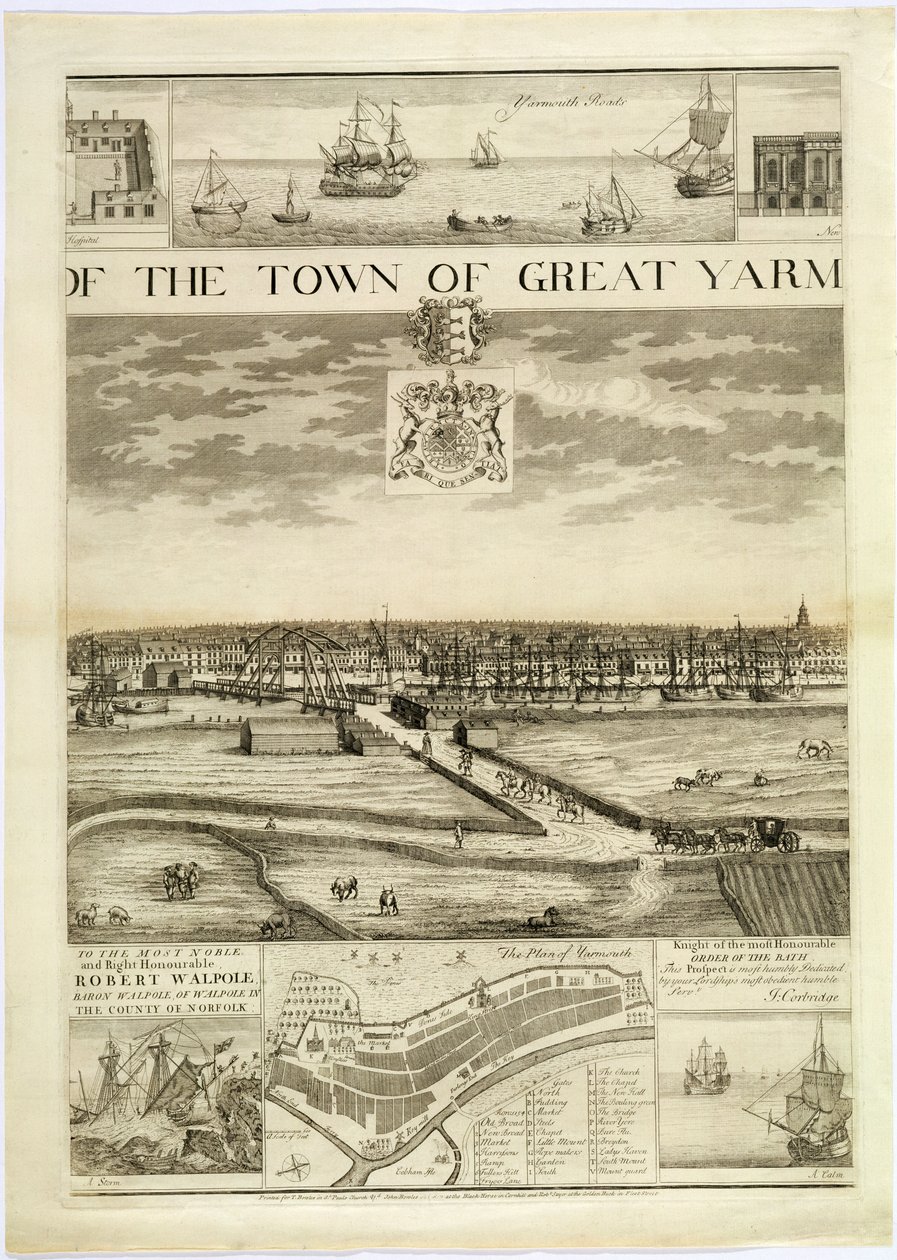 Den vestlige udsigt over byen Great Yarmouth i Norfolk, graveret af John Harris (fl.1686-1740) (se også 241066,241068) af J. Corbridge