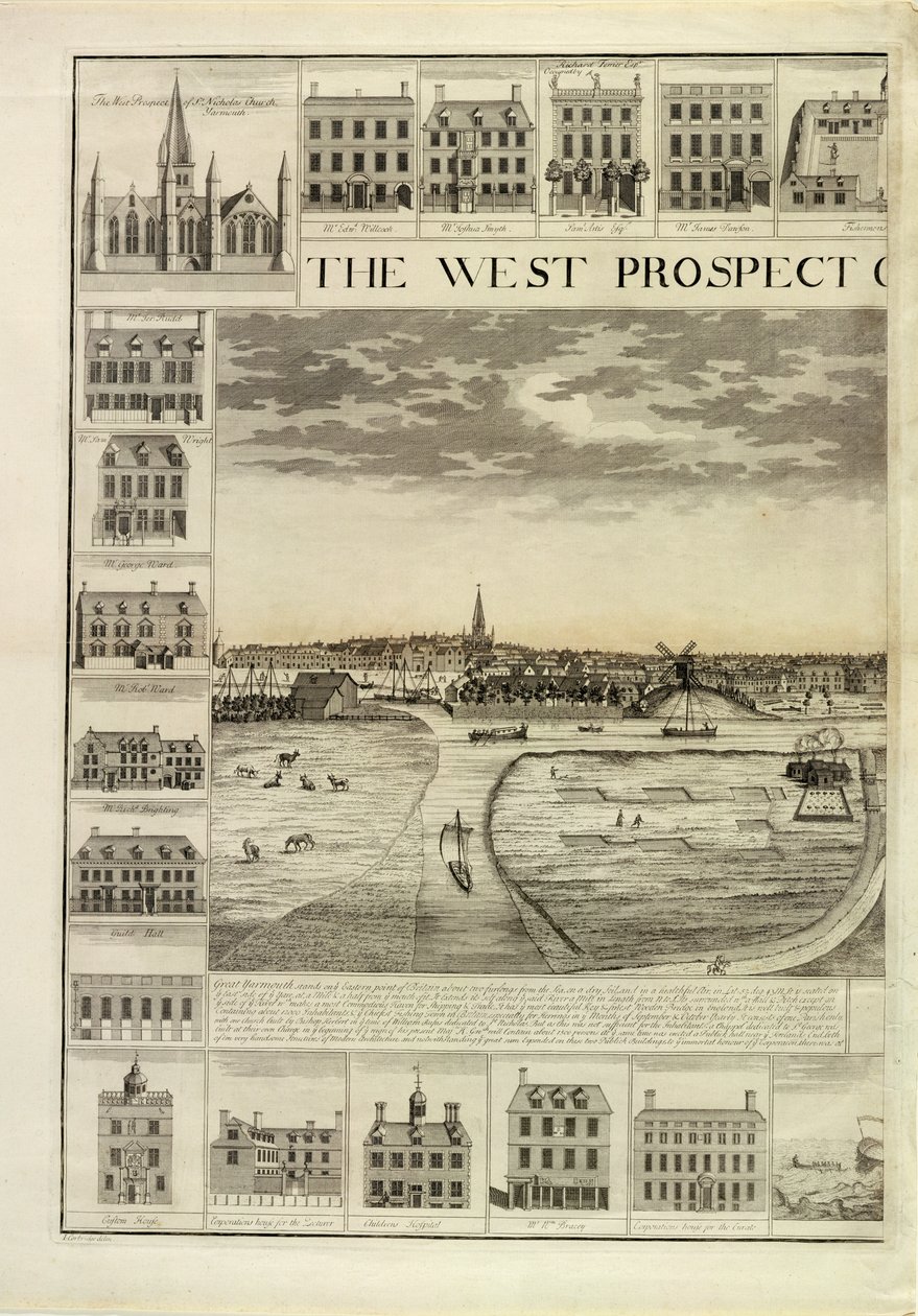 The West Prospect of the Town of Great Yarmouth i Norfolk, indgraveret af John Harris (fl.1686-1740) (se også 241067,241068) af J. Corbridge