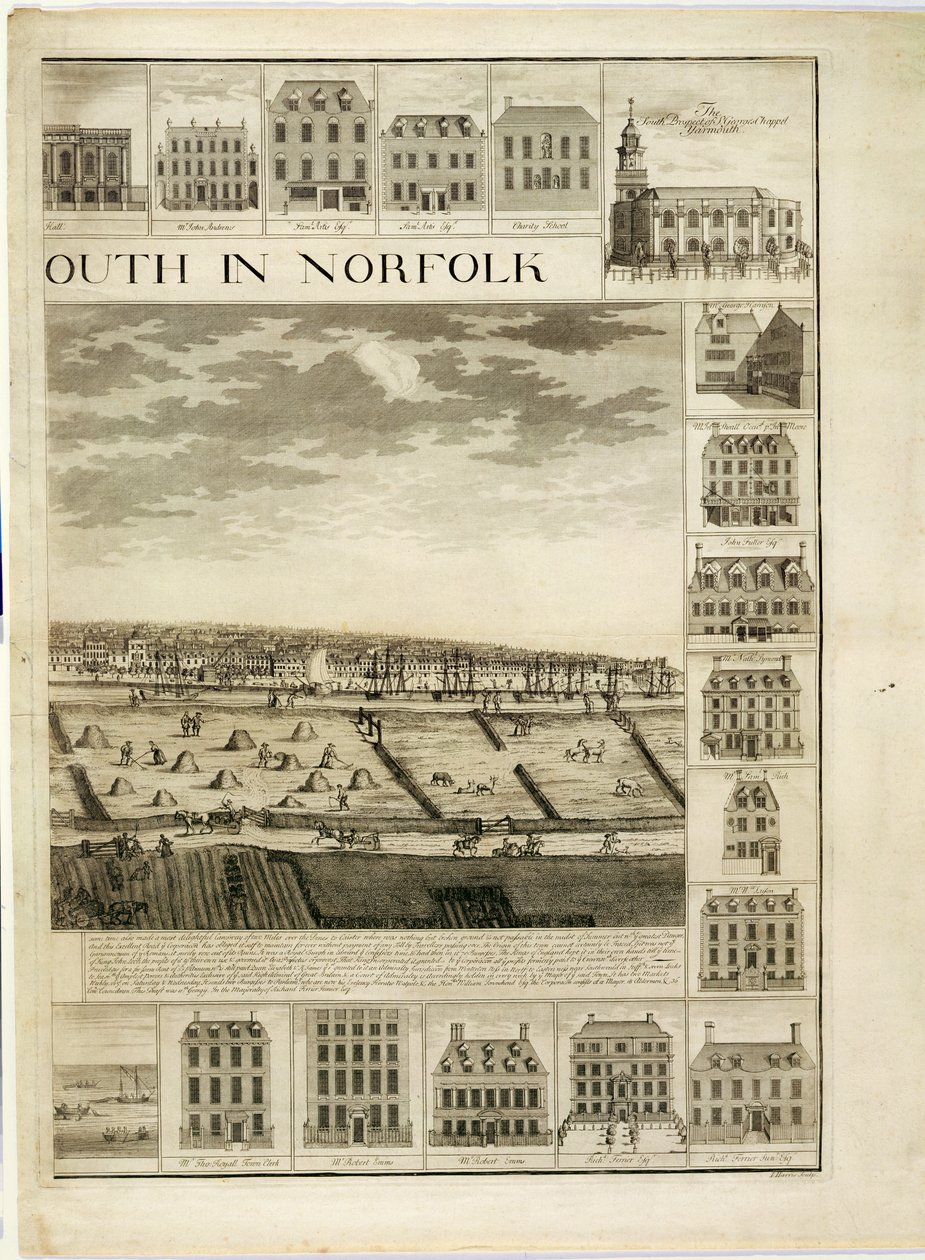 The West Prospect of the Town of Great Yarmouth i Norfolk, indgraveret af John Harris (fl.1686-1740) (se også 241066,241067) af J. Corbridge