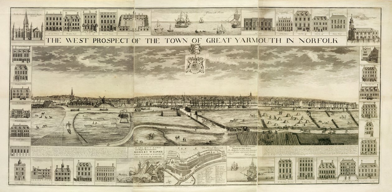 The West Prospect of the Town of Great Yarmouth i Norfolk, indgraveret af John Harris (fl.1686-1740) (se også 241066-68) af J. Corbridge