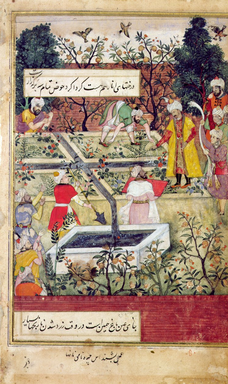 Kejser Babur (ca. 1494-1530) undersøger etableringen af en have i Kabul, ca. 1600 af J. Dorman
