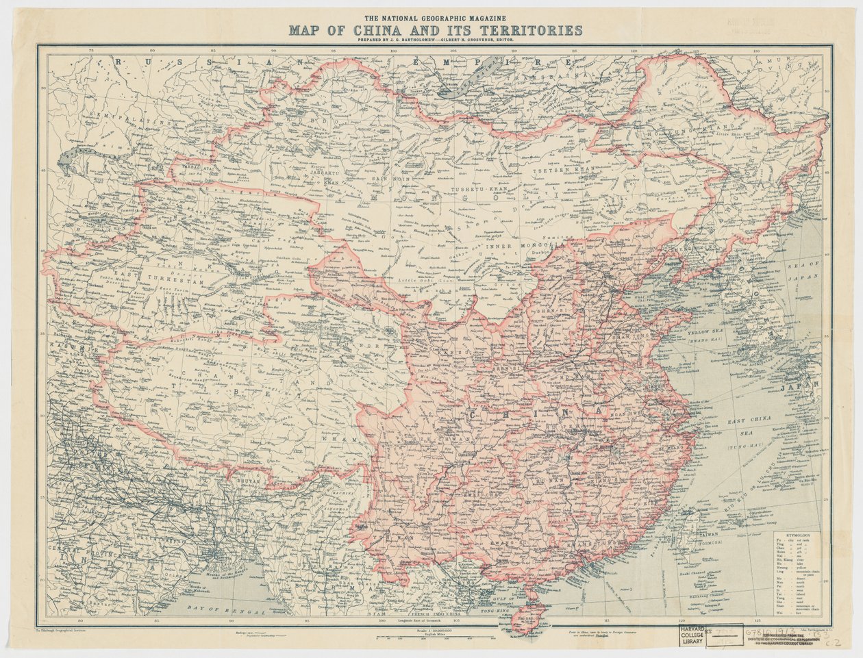 National Geographic Magazine kort over Kina og dets territorier af J. G. Bartholomew