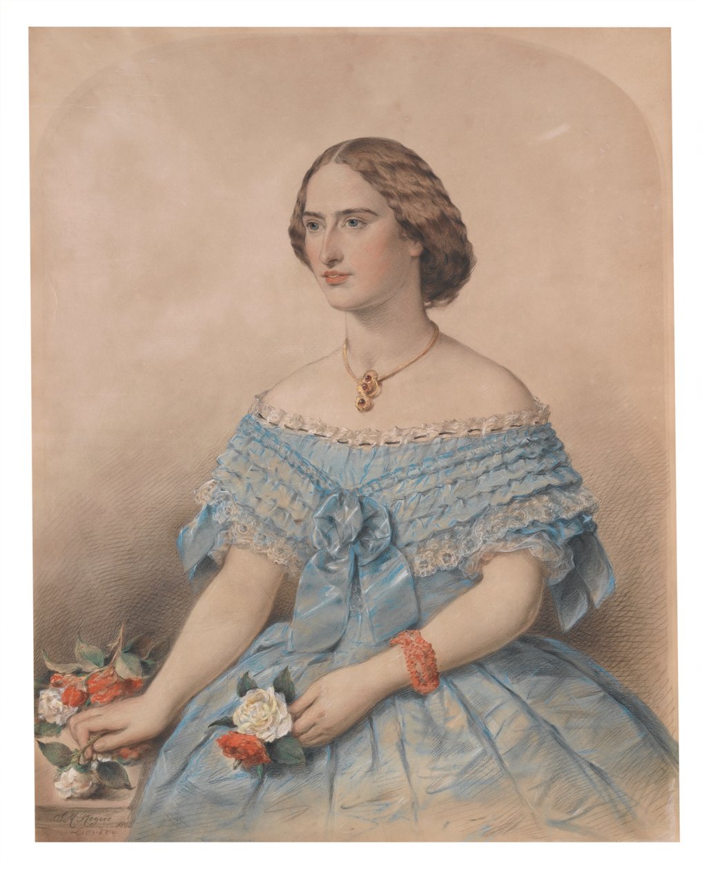 Portræt af en ung kvinde, Miss Floe, 1863 (pastel på papir) af J. M. Rogers