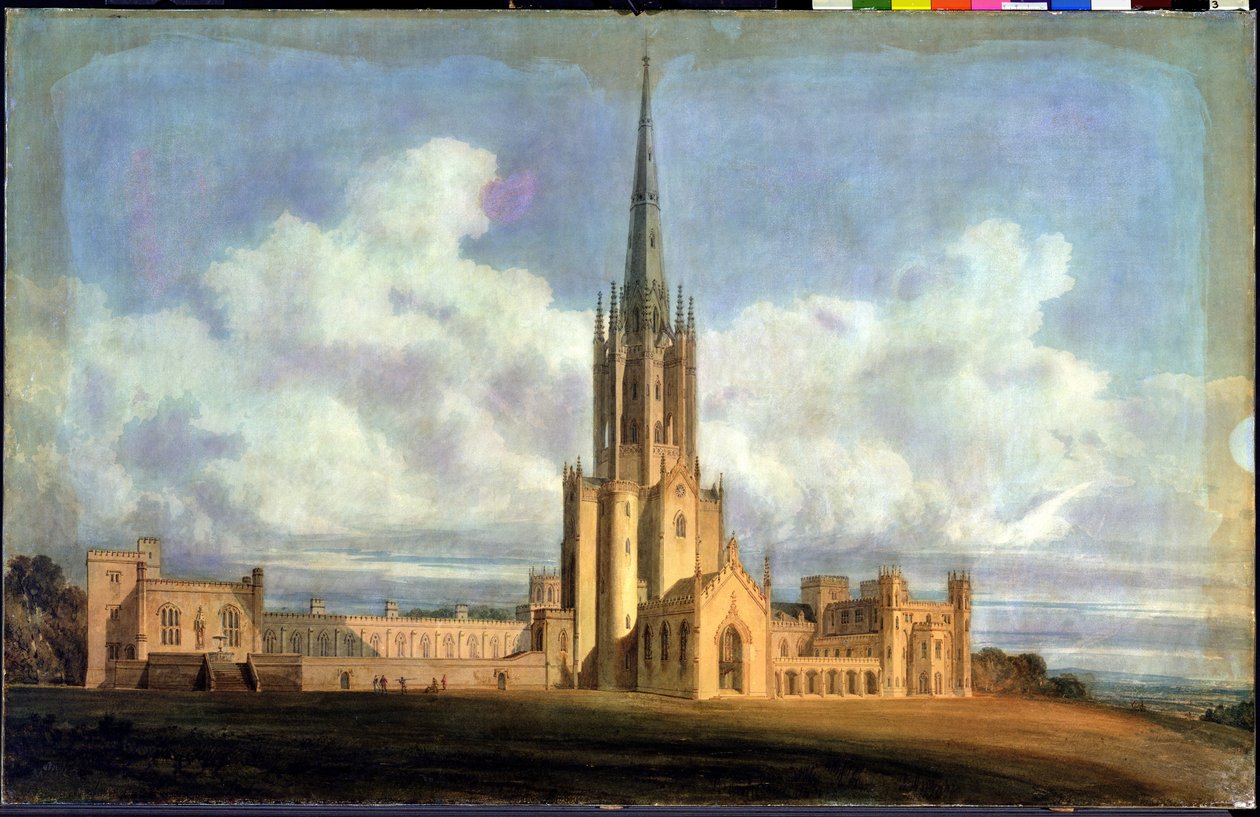 Tegning af Fonthill Abbey, Wiltshire, 1798 (wc på vævet papir bagbeklædt med linned) af Joseph Mallord William Turner