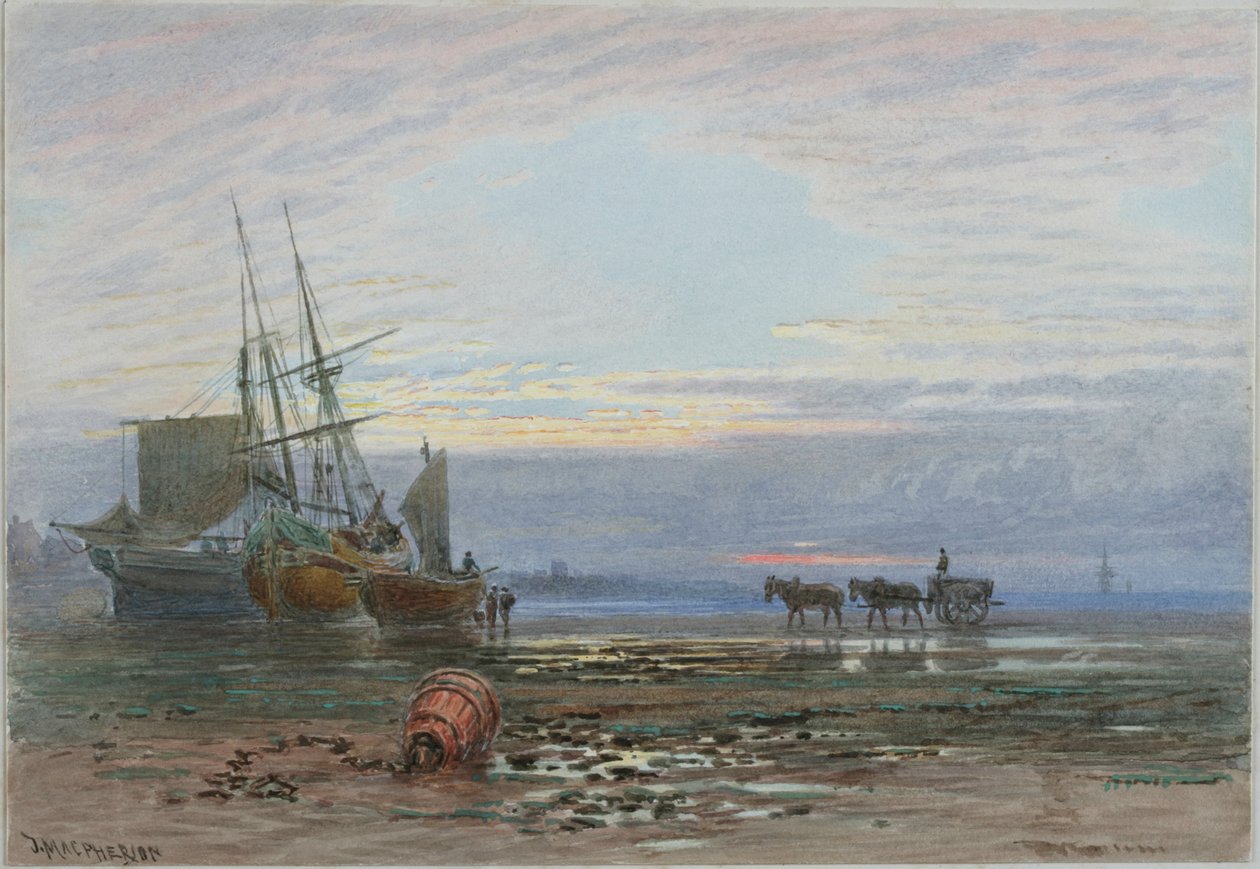 Kystscene - solnedgang (blyant og wc på papir (klistret på kort)) af J. MacPherson