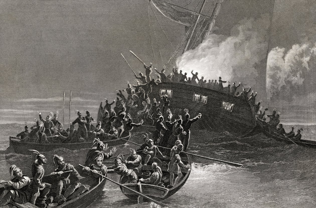 Ødelæggelse af skonnerten Gaspe i Rhode Islands farvande, 1772, indgraveret af J. Rogers af J. McNevin