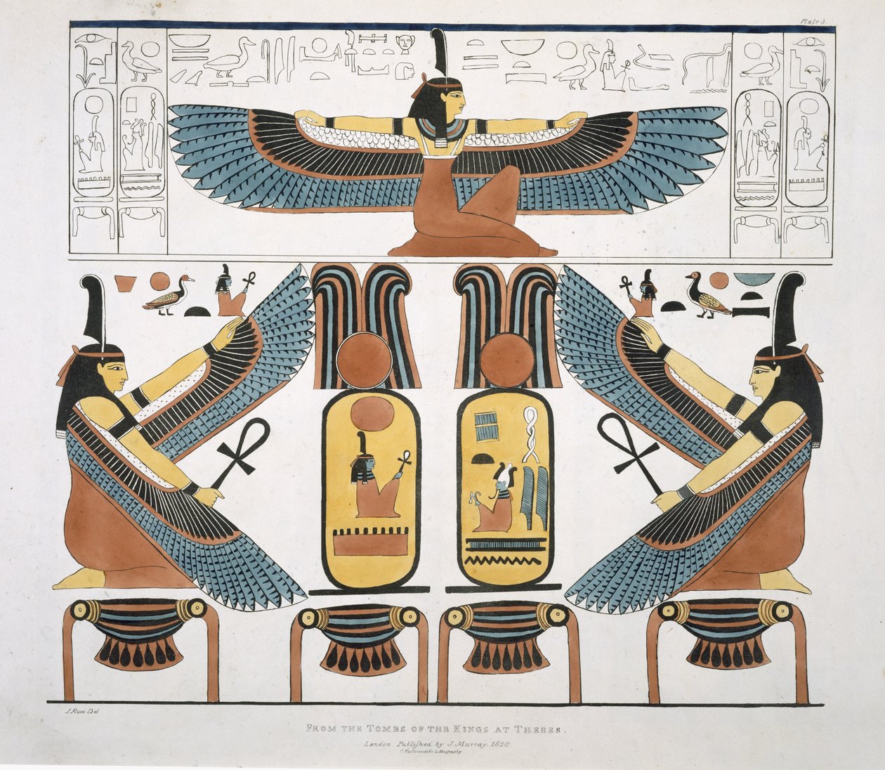 Maleri fra kongegravene i Theben, opdaget af G. Belzoni, planche 3 fra `Plates Illustrative of the Researches in Egypt and Nubia`, graveret af Charles Hullamandel (1789-1850) 1820-22 (lit af J. Ricci